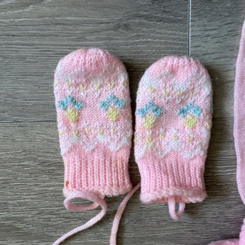 Vintage Pink Fair Isle Knit Baby Hat and String Mitten Set Pom Pom Ear Flaps